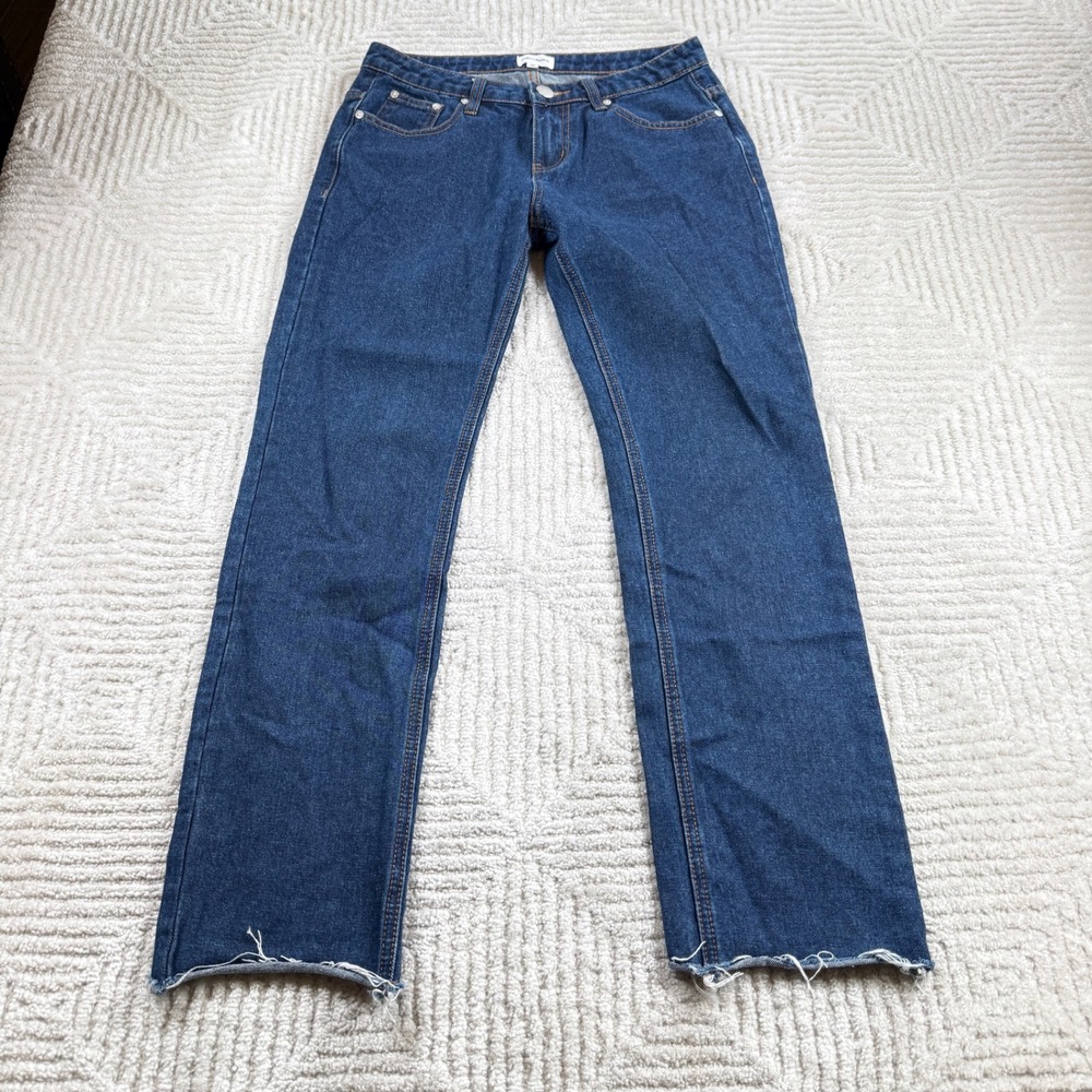 Superdown Straight Leg Jeans Women's 24 Blue Raw Hem Medium Wash Denim Mid Rise